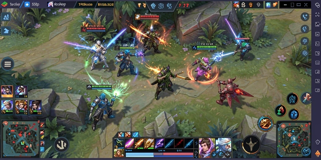 Screenshot gameplay memukau dari 55RP, menunjukkan pertarungan MOBA yang intens.