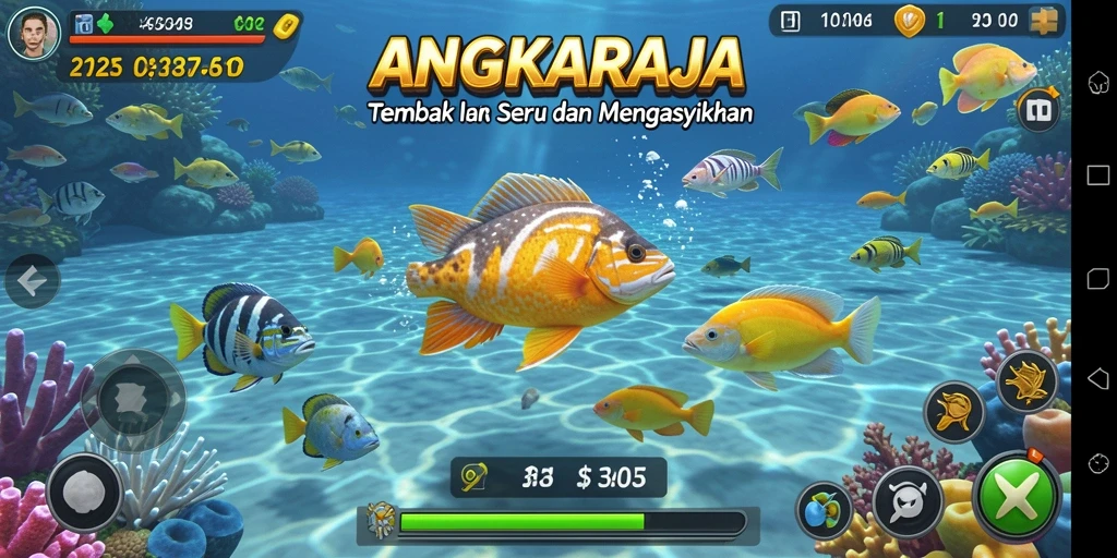 Tampilan permainan <strong>ANGKARAJA</strong> saat menembak ikan yang berwarna-warni dan menarik.
