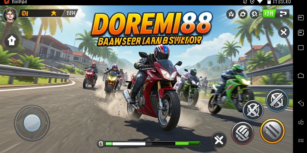 Screenshot gameplay DOREMI88 dengan aksi balapan motor yang intens.