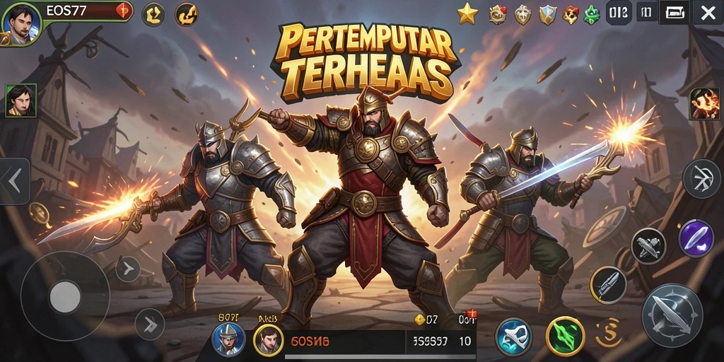 Tangkapan layar utama EOS77 menampilkan aksi seru dalam pertempuran Battle Royale.