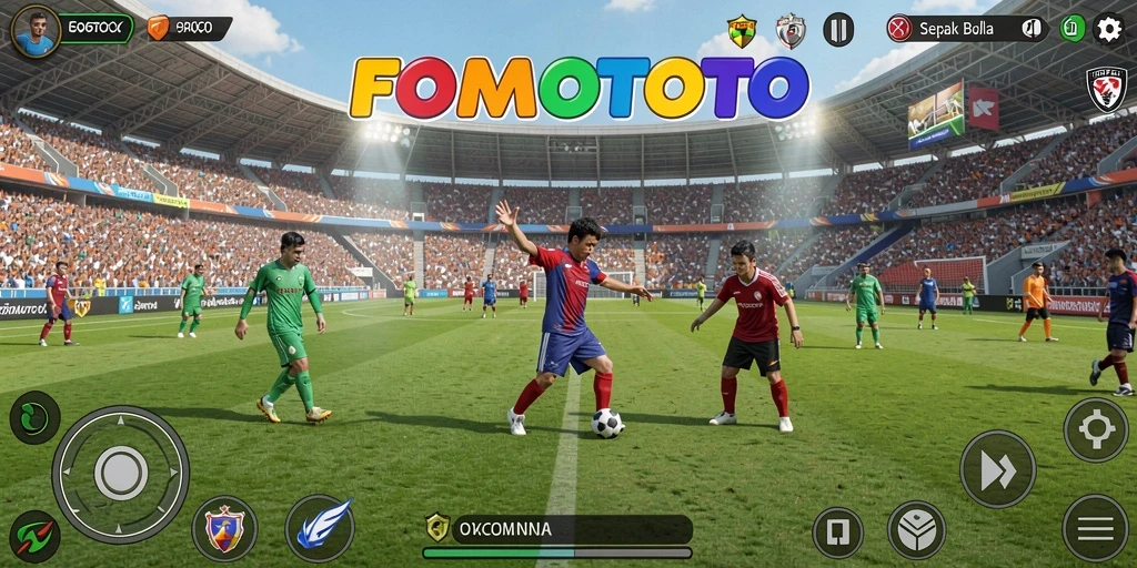 Screenshot utama FOMOTOTO menampilkan aksi seru permainan sepak bola.