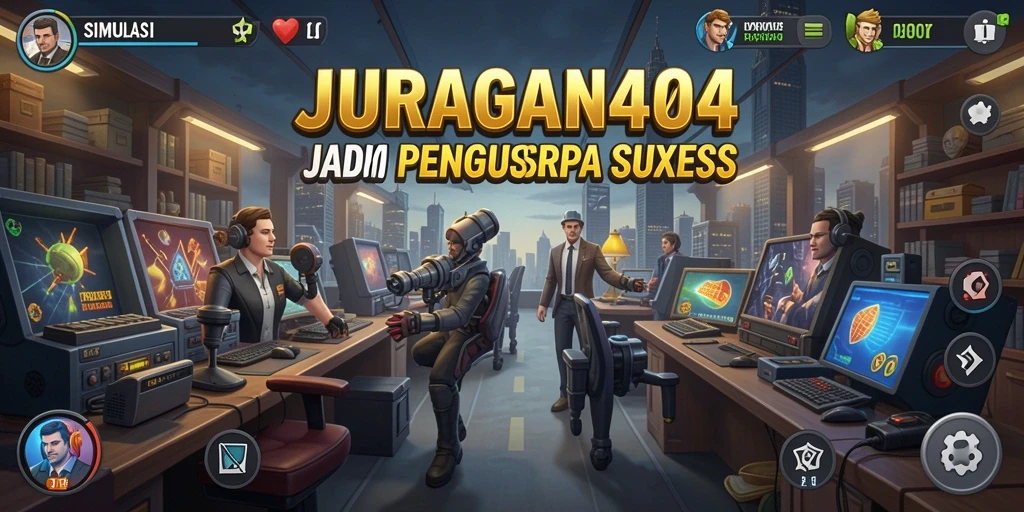 Screenshot gameplay JURAGAN404 menampilkan dinamisnya simulasi dunia bisnis.