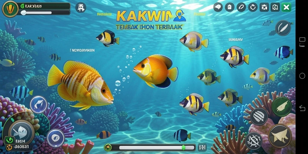 Screenshot gameplay KAKWIN menampilkan aksi seru dalam menembak ikan.