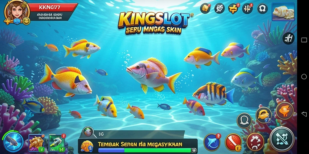 Screenshot KINGSLOT menampilkan aksi seru dalam permainan Tembak Ikan.