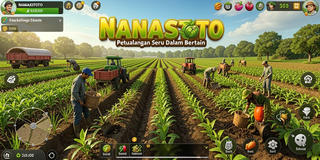 Gameplay NANASTOTO menampilkan aktivitas berkebun dan hewan yang menggemaskan.