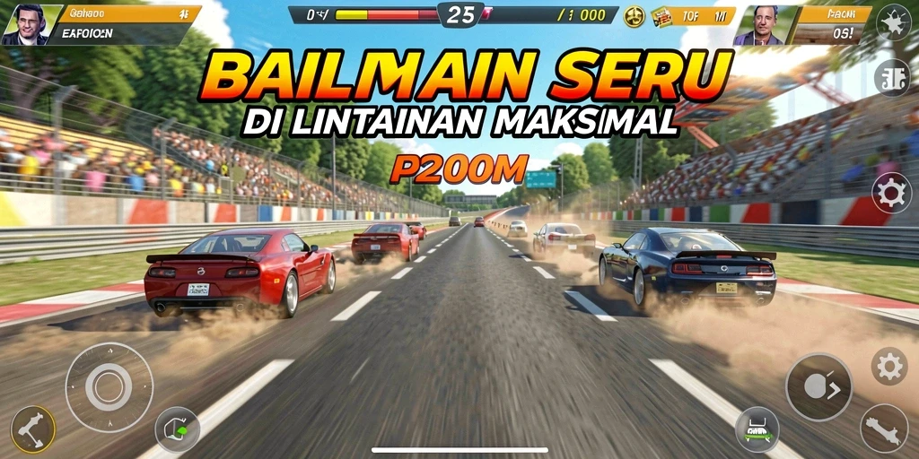 Screenshot P200M menampilkan aksi balap yang mendebarkan di lintasan yang menantang.