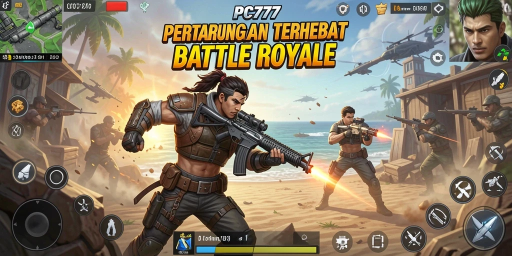Screenshot gameplay PC777 menampilkan pertempuran yang mendebarkan di arena Battle Royale.