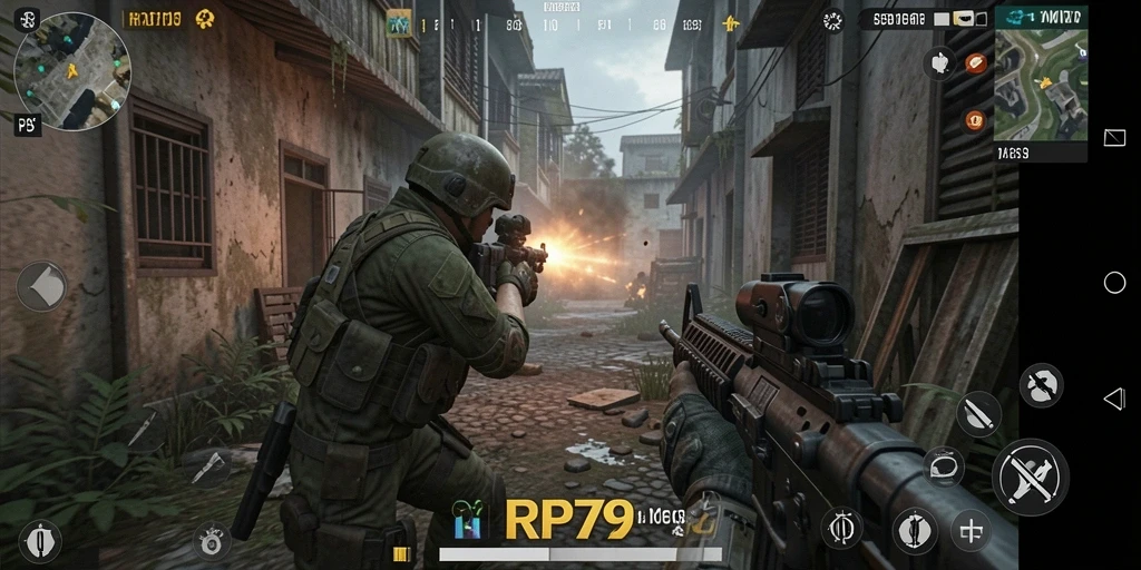 Gameplay RP79 yang mendebarkan dan penuh aksi dari perspektif FPS.