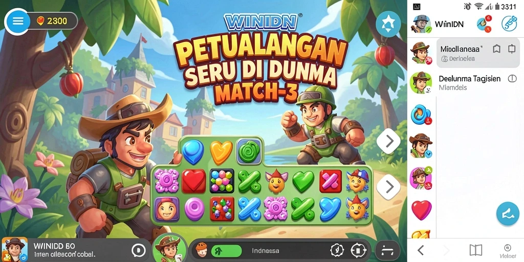 Tangkapan layar gameplay WINIDN menampilkan momen mencocokkan objek Match-3.